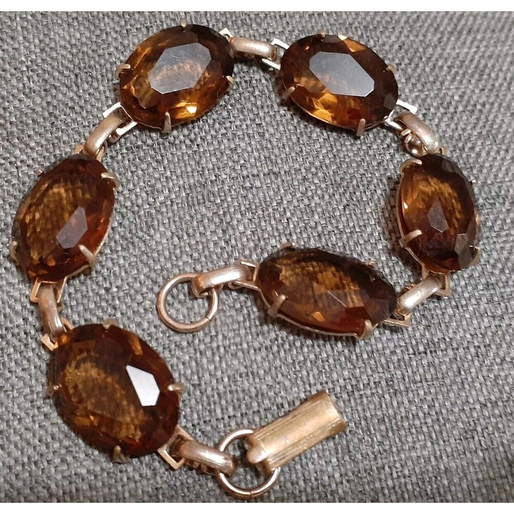 Vintage honey brown topaz glass fauceted bead link bracelet size 7.75